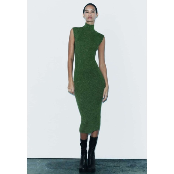 Zara Metallic Thread Knit Dress Green Small - Picture 1 of 17